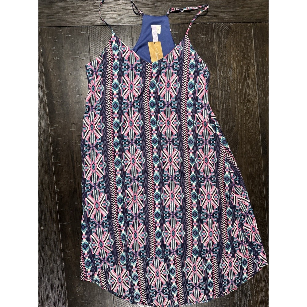 Francescas NWT Geometric Aztec Print High Low Tank Dress Neon Pink Navy Blue M